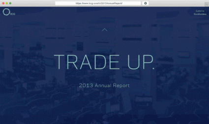 A screen from the KCG 2013 digital annual report with the title text, Trade up.