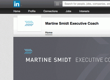 The Martine Smidt executive coach LinkedIn page with the firm's logotype an arrow-feather inspired symbol.