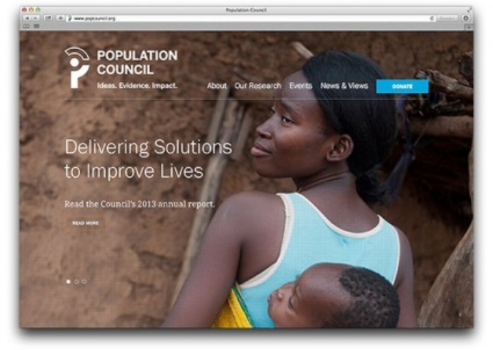 The Population Council homepage with a woman carrying a child in a sling and the text, Delivering solutions to improve lives.