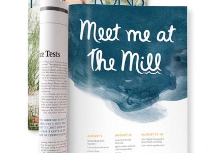 A hand-lettered magazine ad for Ripco real estate, with the text, Meet me at the Mill over an abstract brushed background. 