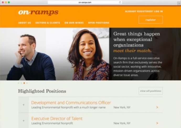 The On Ramps web homepage with the headline, Great things happen when exceptional organizations meet their match.