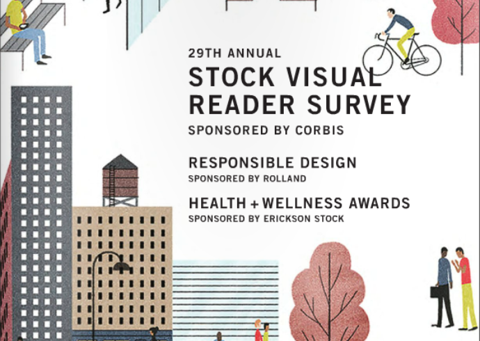An announcement card for the 29th Annual Stock Visual Reader Survey with playful, city-scene illustrations. 