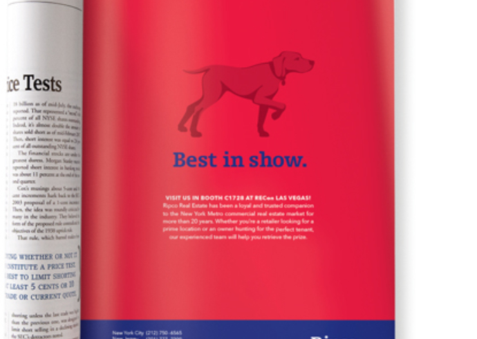 A red, full page Ripco trade magazine ad with the hunting-dog-in-a-pointer-pose brand symbol and the headline, best in show.