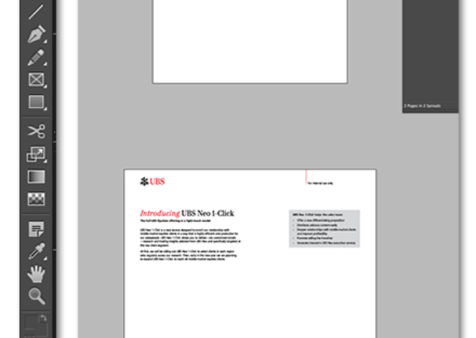 An Adobe InDesign on-screen workspace with an in progress design for a UBS product sheet.