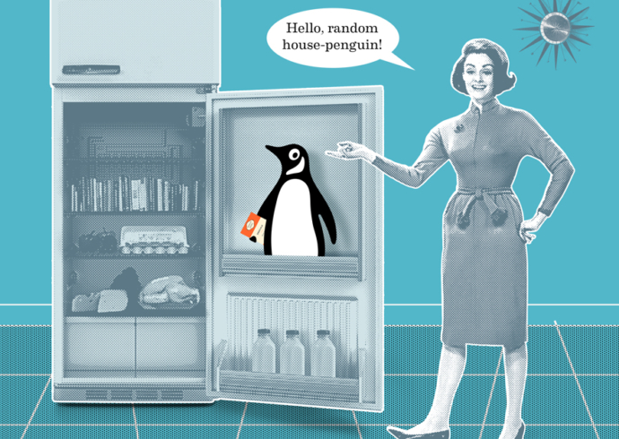 A woman gesturing to an open refrigerator with a penguin inside; the caption reads, Hello random house penguin.