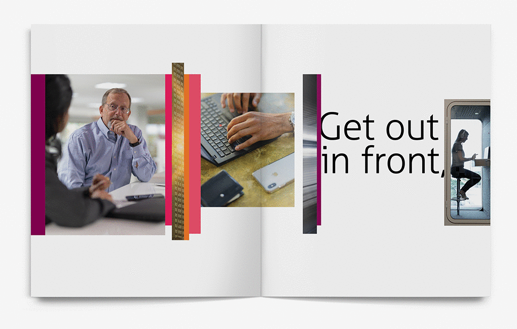 Spread of company brochure with the headline "Get out in front"