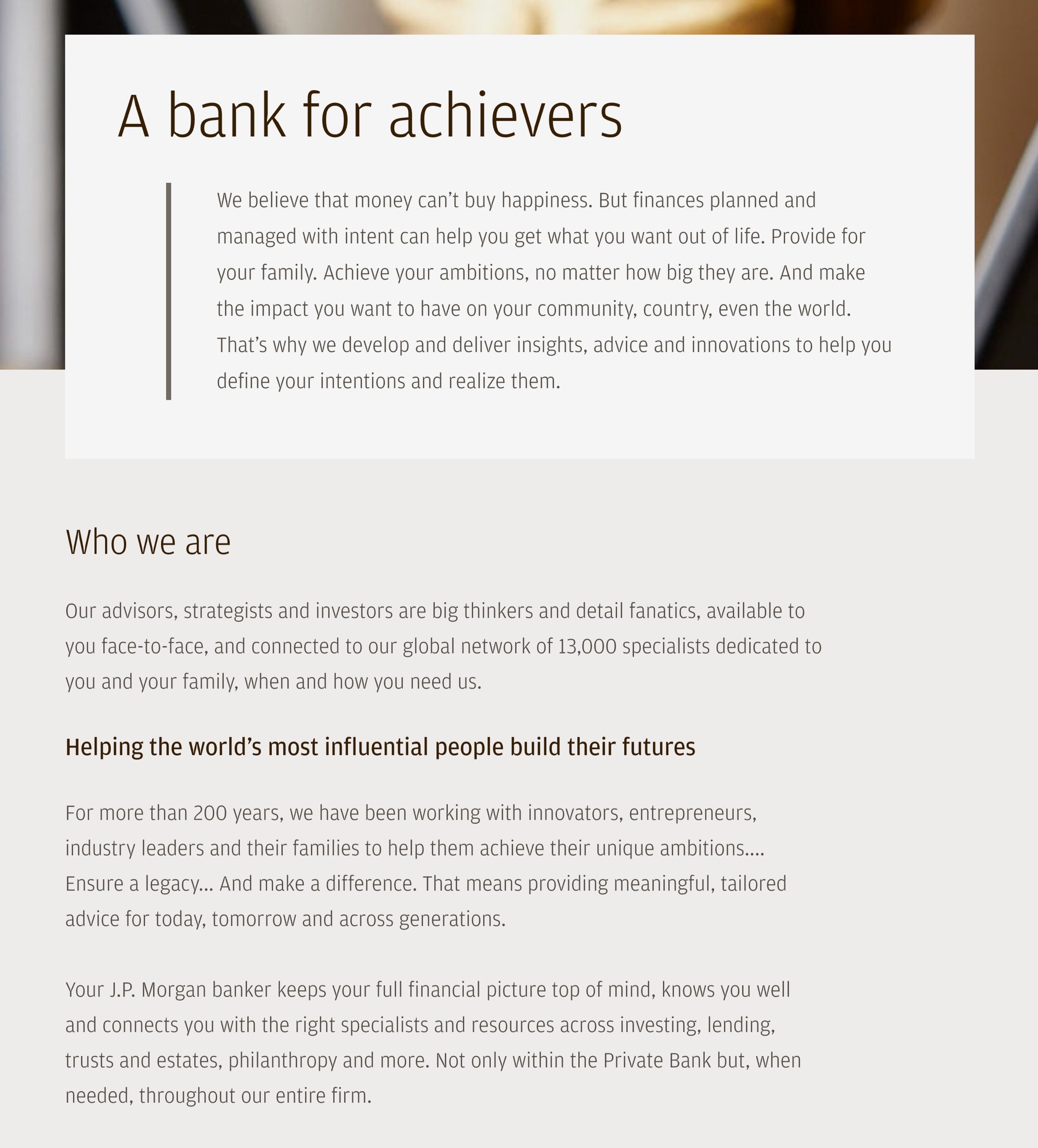 J.P. Morgan Private Bank About  Us web page with headline "The bank for achievers."