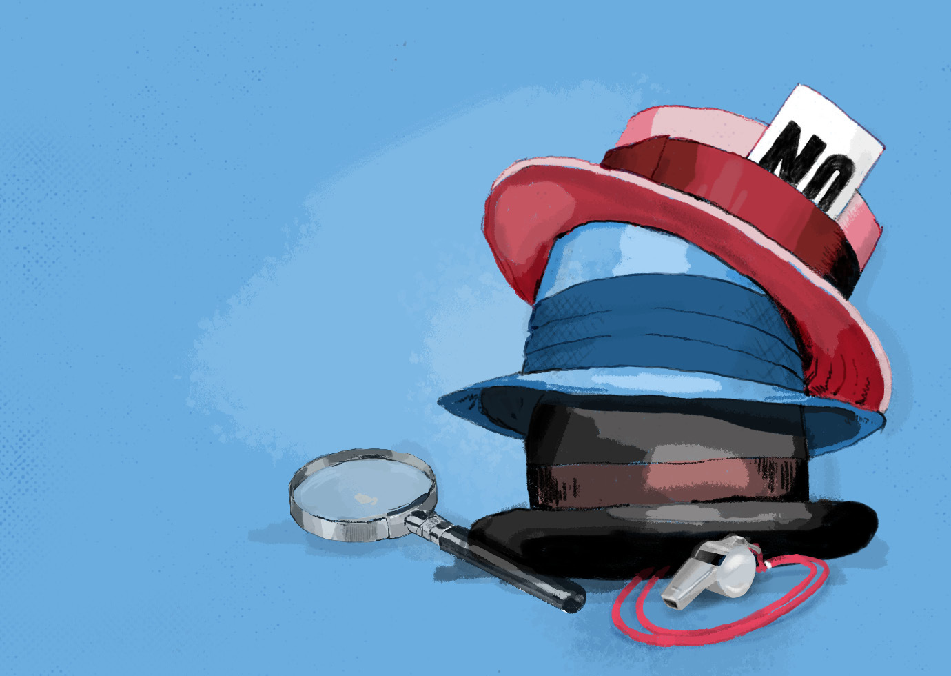 A stack of three hats rests next to a whistle and magnifying glass.