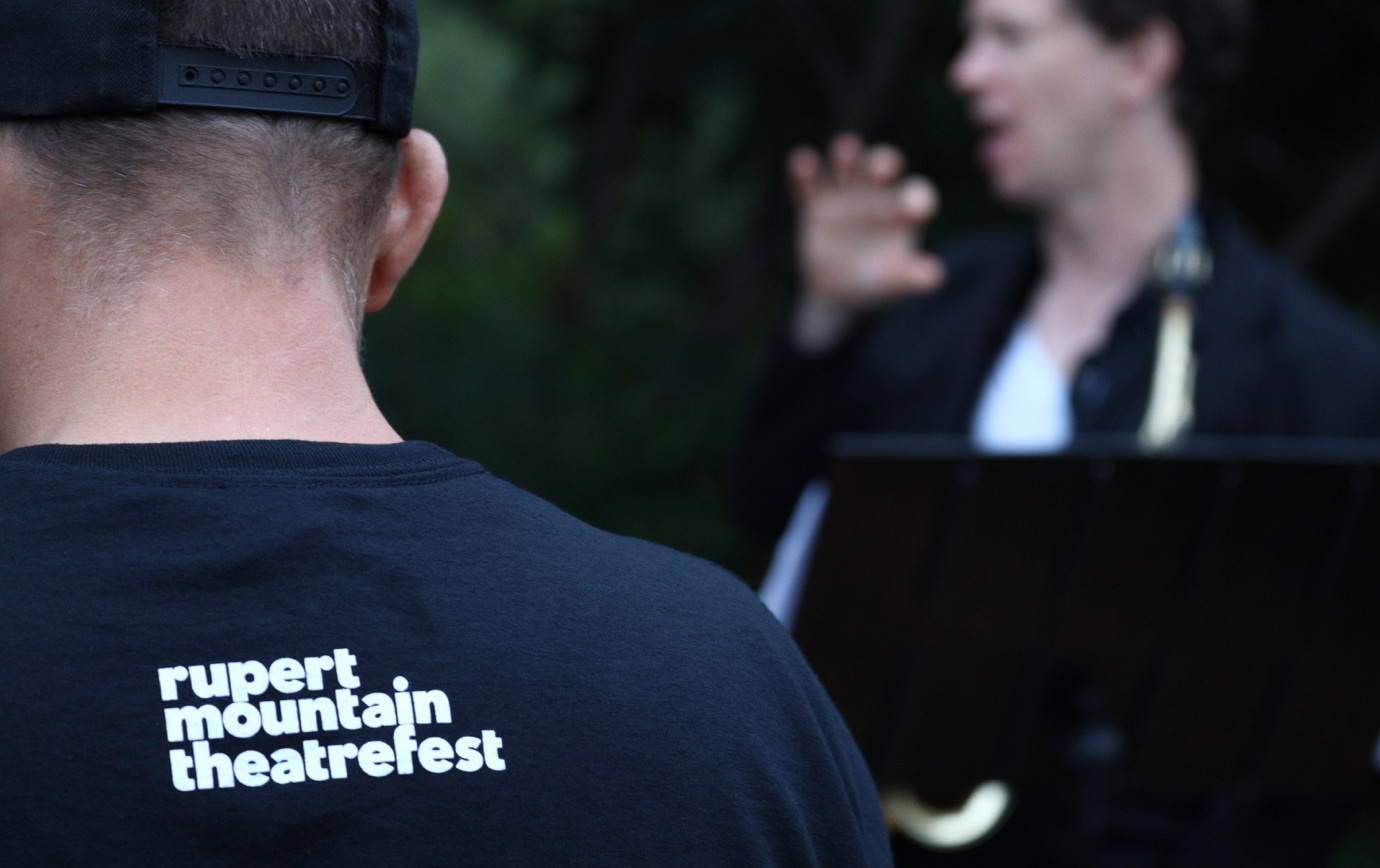 Rupert Mountain Theatrefest logotype printed on back of a T-shirt