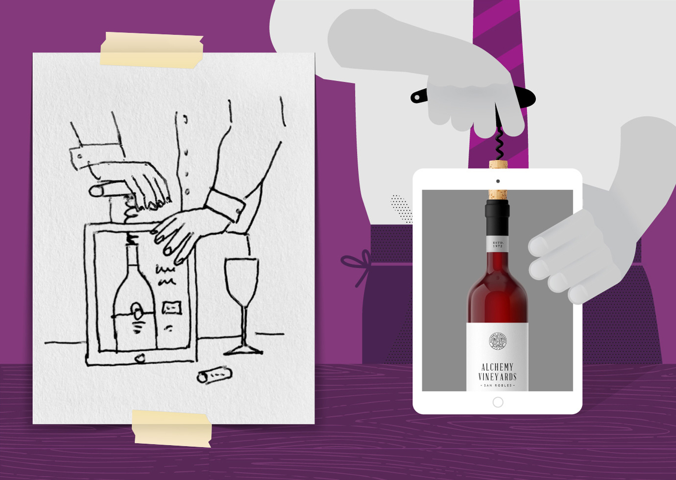 An initial sketch and final illustration of a waiter opening a bottle of wine through the screen of an iPad.