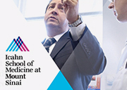 A display for the Icahn School of Medicine at Mount Sinai showing the hospitals logo and two doctors consulting.