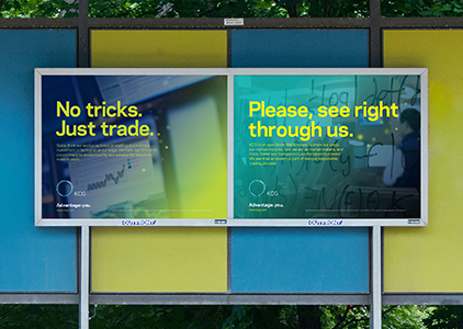 Two KCG billboard ads on on a train platform with the headlnes, No tricks just trade and Please, see right through us.