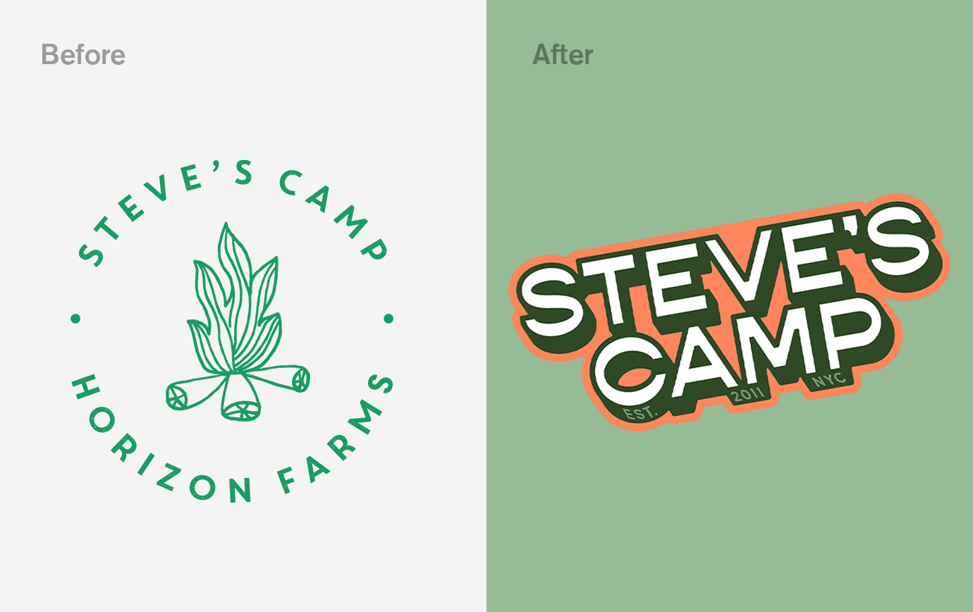 Side-by-side before and after images of the old and new Steve's Camp logos