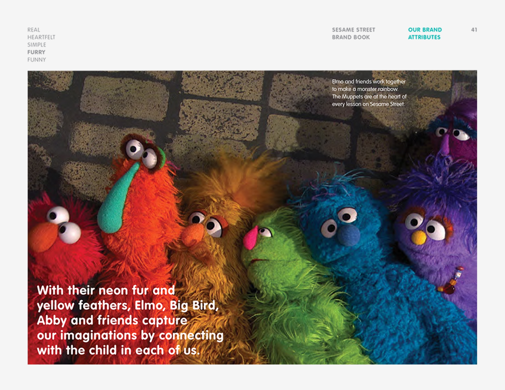 A brand attributes page from the Sesame Workshop Brand Book with a group furry muppets side by side on a brick sidewalk.