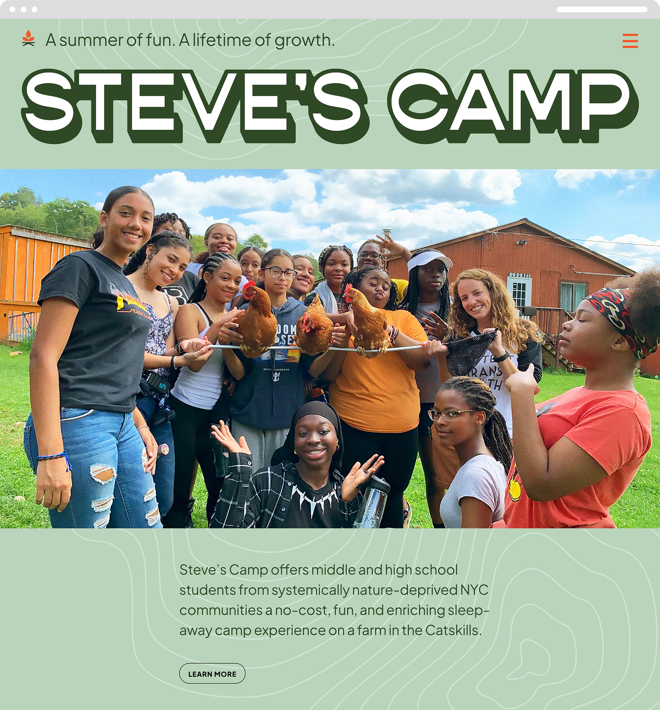 Image of the website homepage featuring a group of smiling female campers