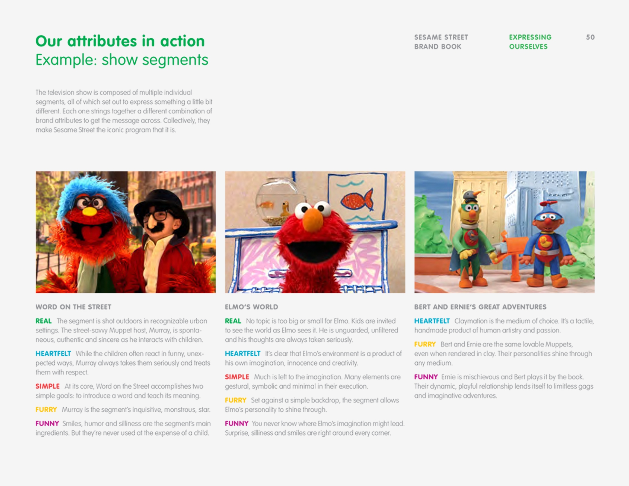 A brand attribute page from the Sesame Workshop Brand Book showing the brand attributes in action in scenes from the shows.