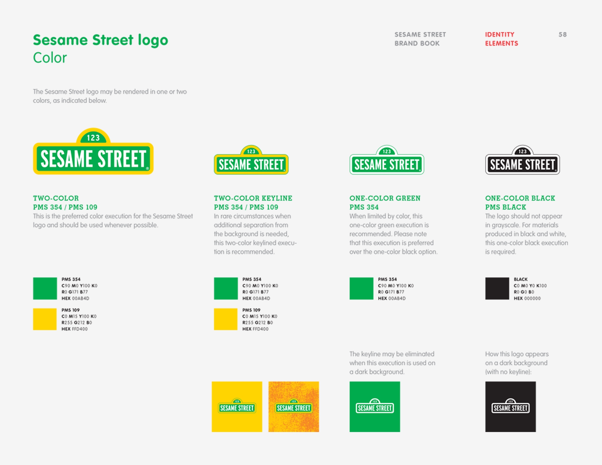The logo color guidelines page from Sesame Workshop Brand Book.