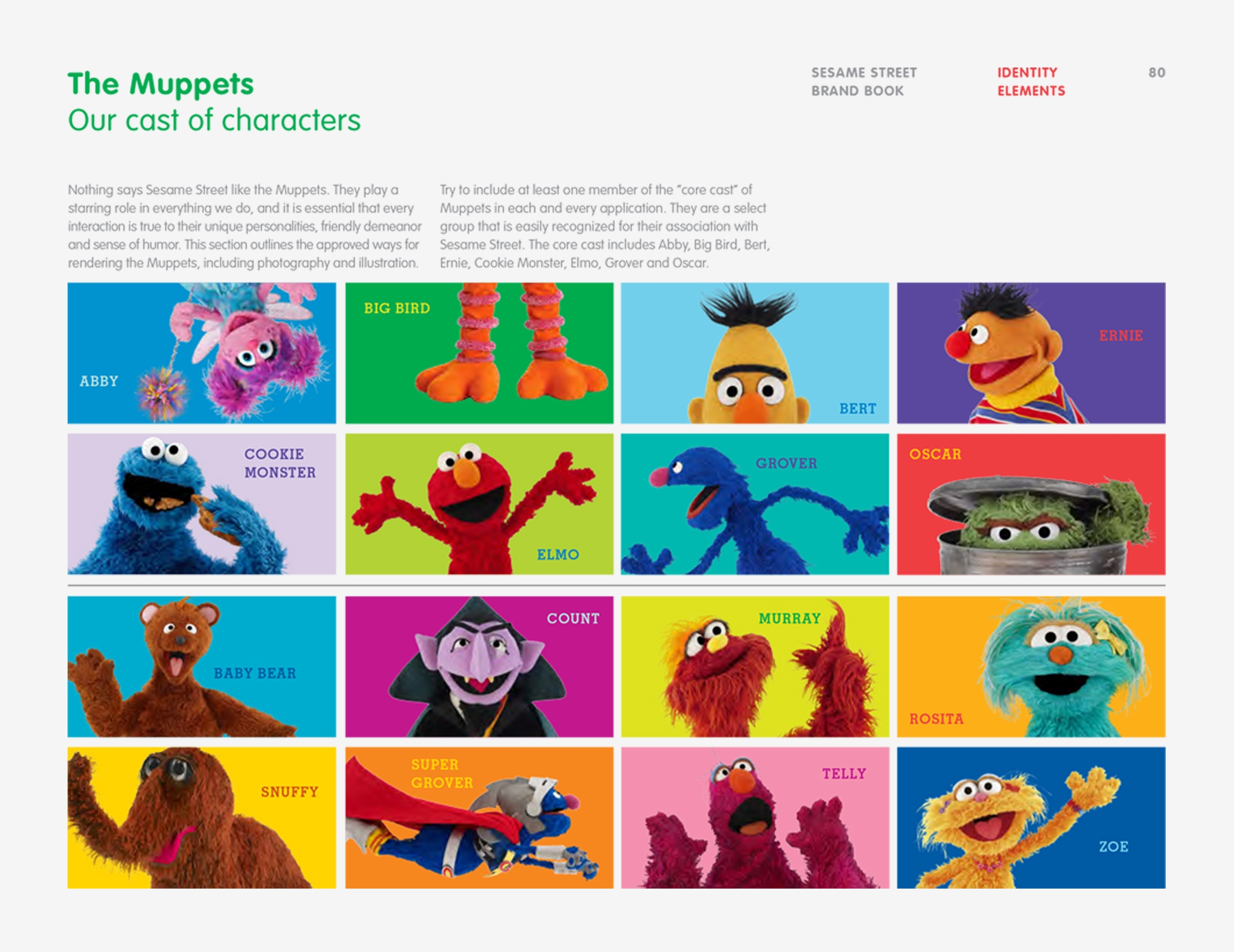 The case of character page from Sesame Workshop Brand Book showing 16 well known muppets, including Elmo and Big Bird.