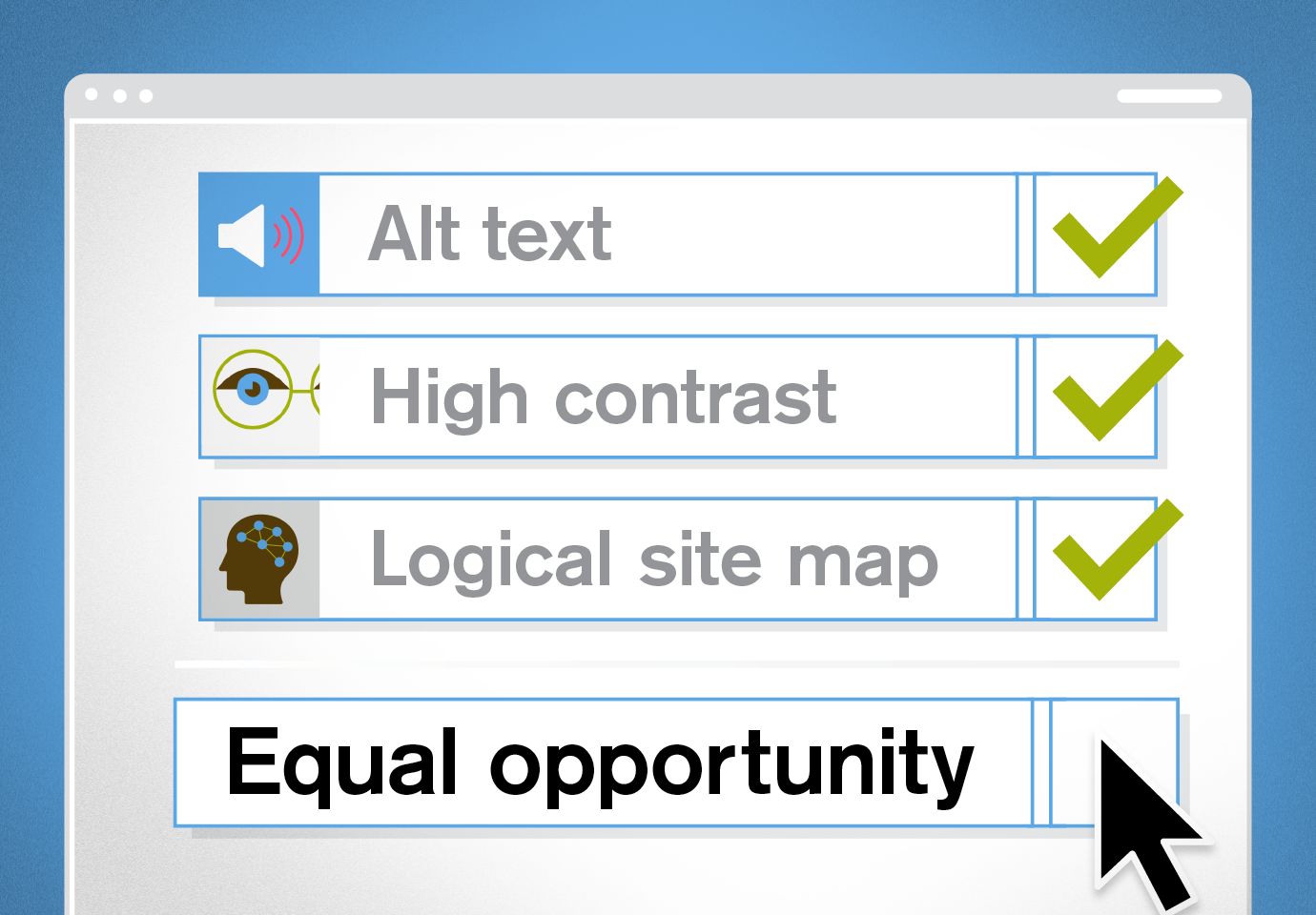 Illustration of a computer screen with an ADA web compliance checklist with “equal opportunity” last on the list.
