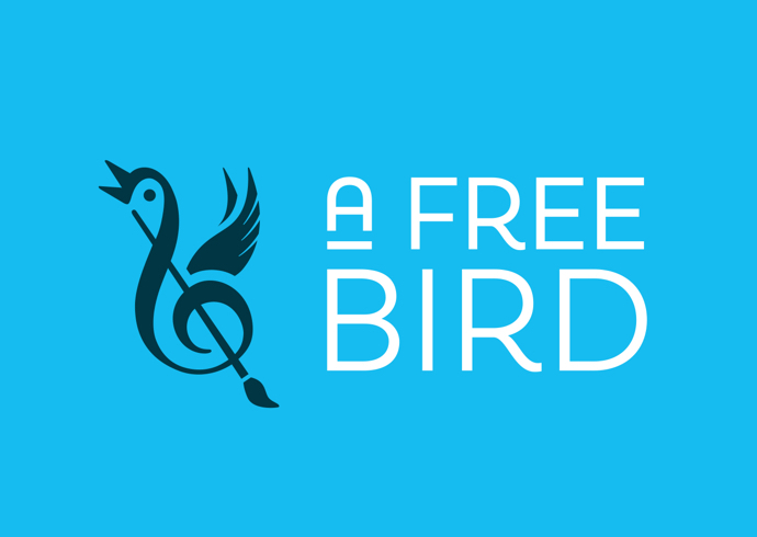 The arts organization A Free Bird's logotype and symbol, which is a bird fashioned from a musical treble clef symbol.