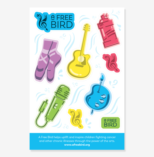 A pack of promotional stickers for the arts organization A Free Bird.