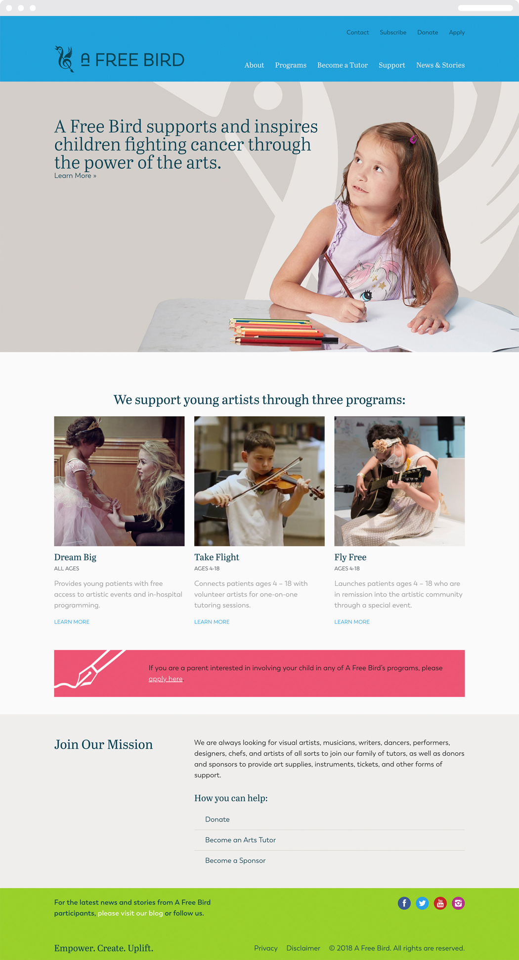 The website homepage of the arts organization A Free Bird, showing a child making art in front of a supergraphic of the logotype symbol. 