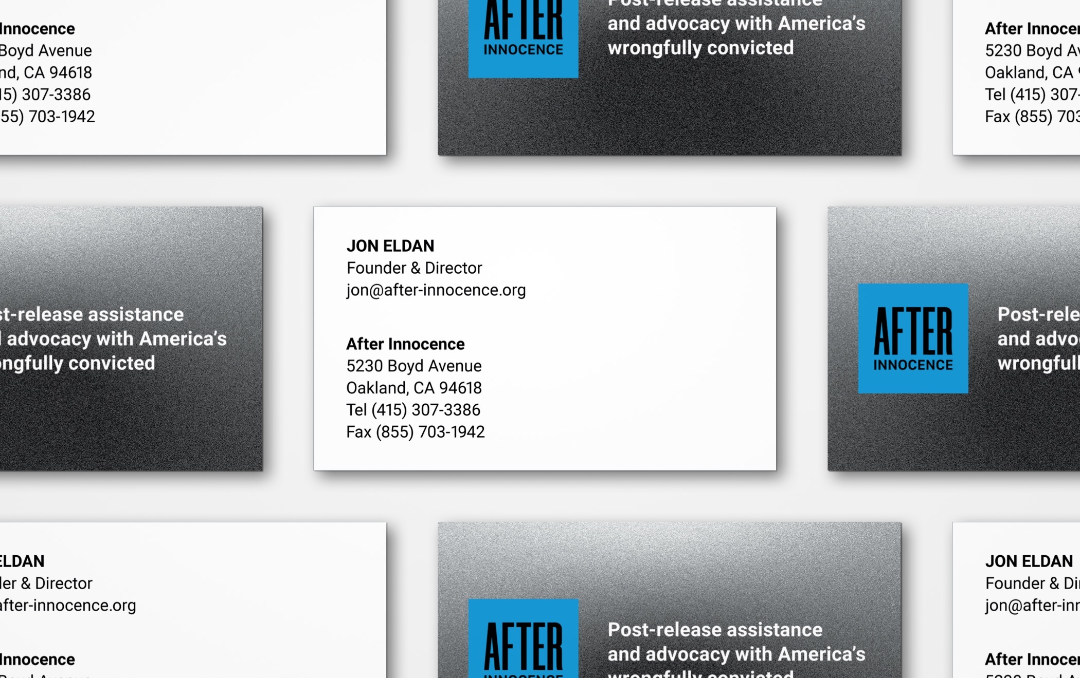 An array of After Innocence business cards featuring the organization’s logotype.