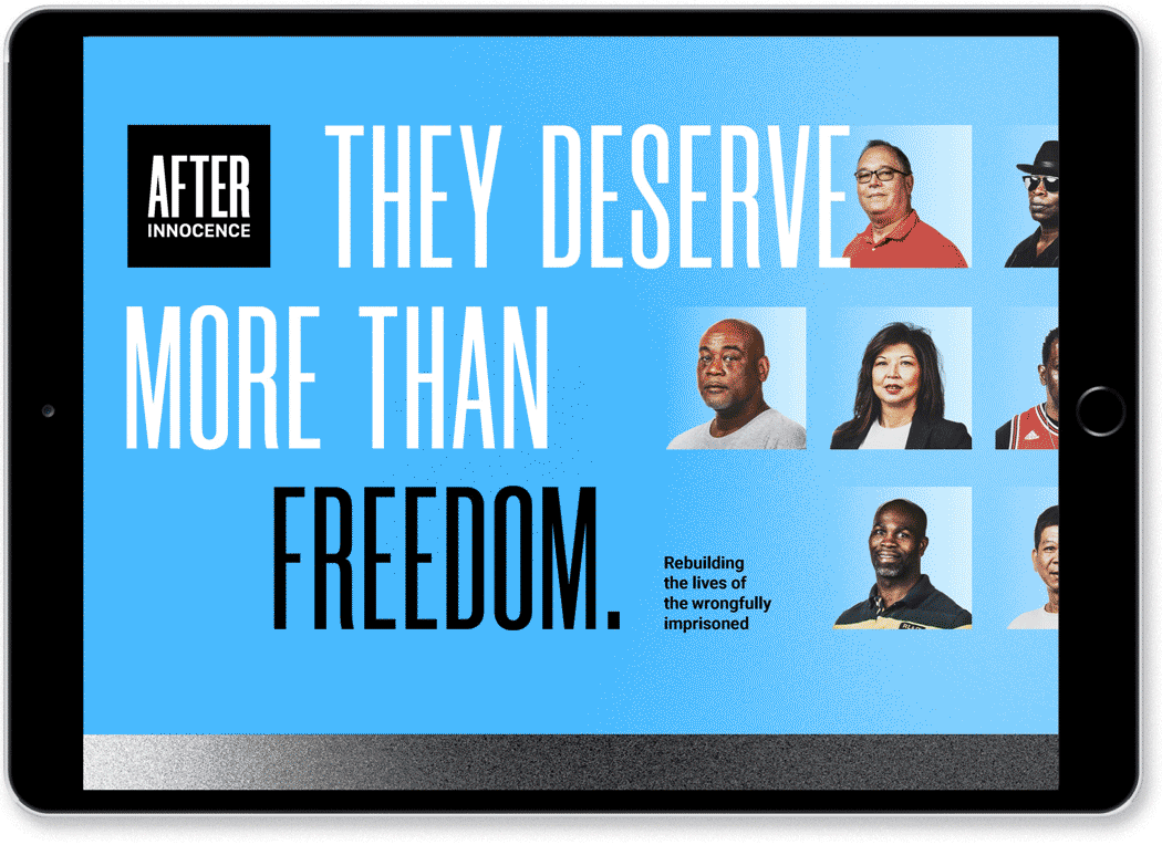 The cover of the After Innocence introductory presentation with photos of several client exonerees and the title, They deserve more than freedom.