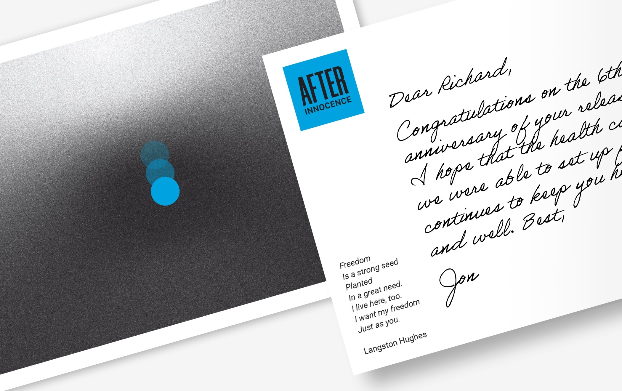A photo of the After Innocence postcards featuring the organization’s logotype.