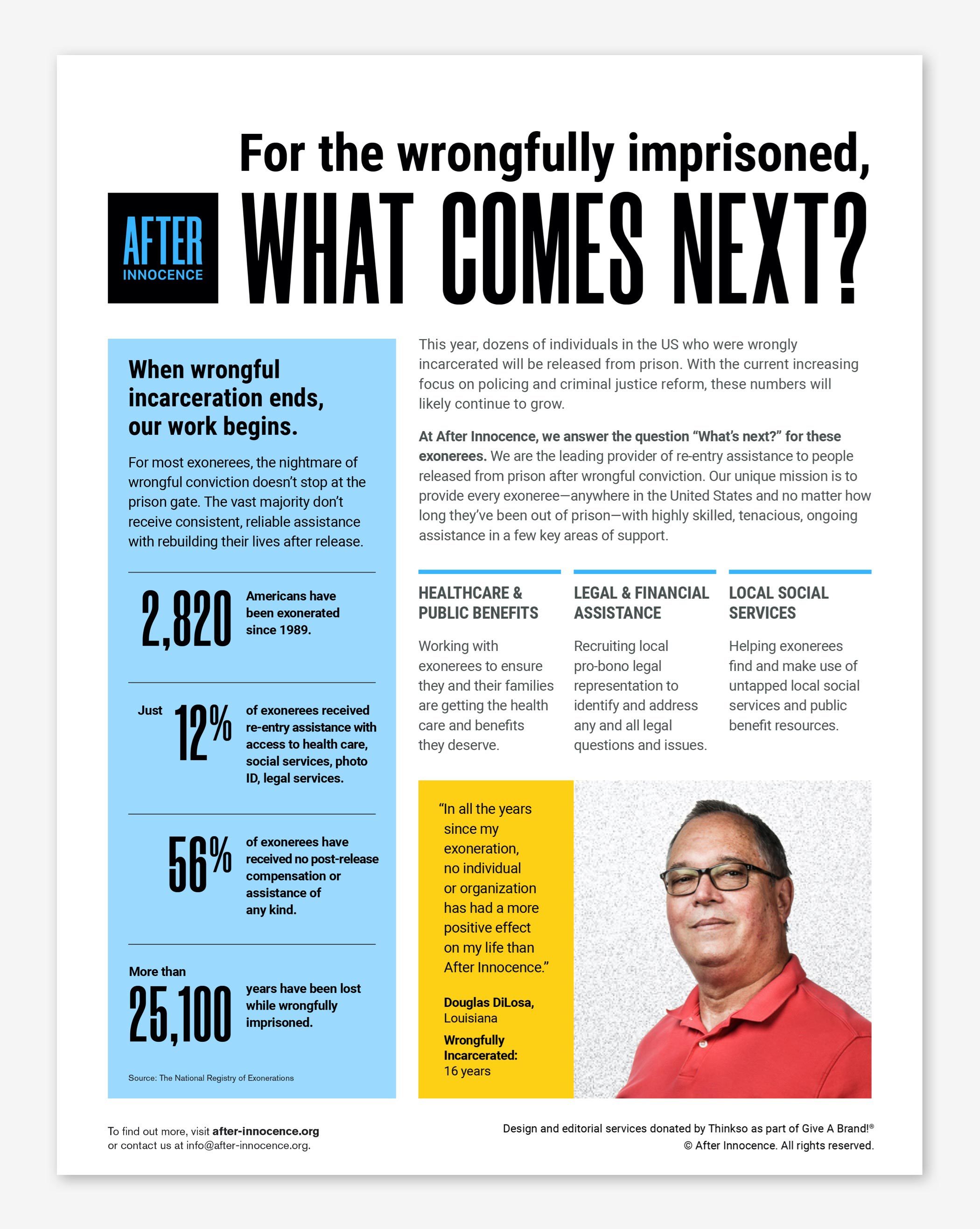 A one page After Innocence publication showing statistics, a client photo, and testimonial with the title, For the wrongfully imprisoned, what comes next?