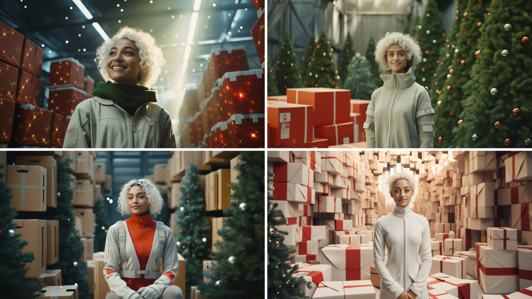 A collage of four images of the same person in various holiday-themed settings, surrounded by Christmas trees, lights, and piles of wrapped gifts, expressing cheerful emotions.