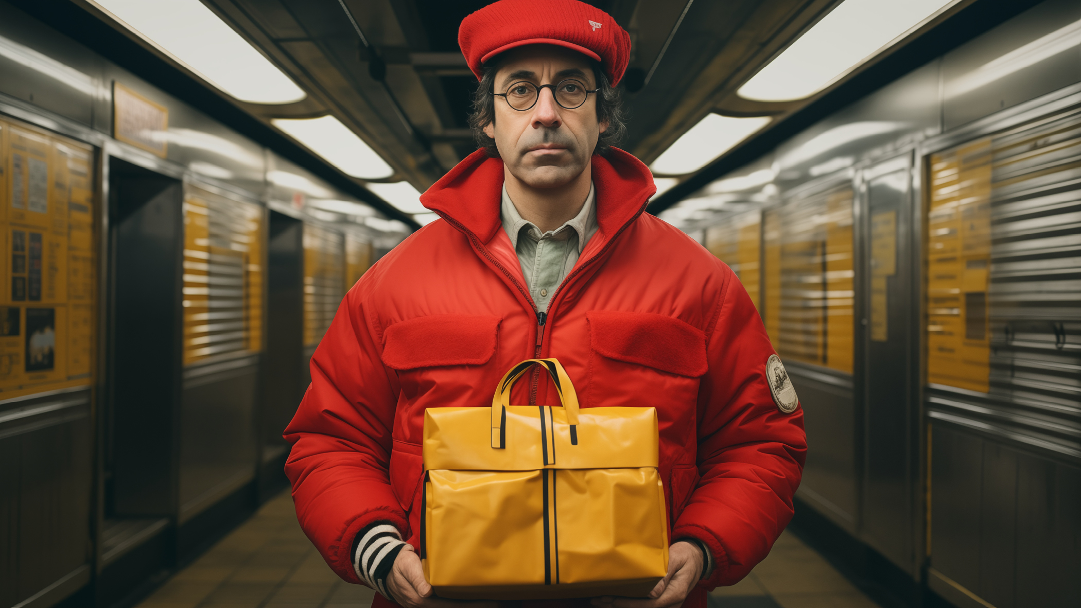 A person in a red jacket and cap stands in a subway station, holding a yellow gift bag, with subway cars blurred in the background.