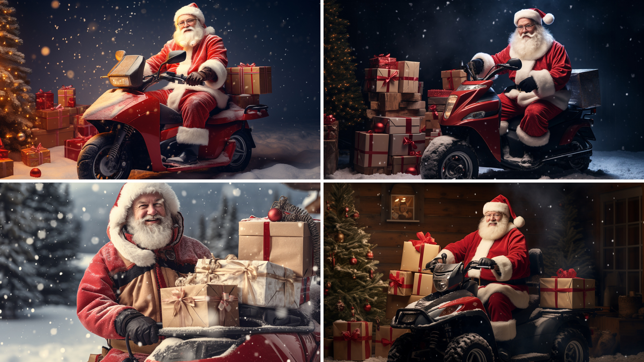 Four festive scenes with Santa Claus on various vehicles, like a scooter and ATV, surrounded by a Christmas tree and presents. Snow is falling.