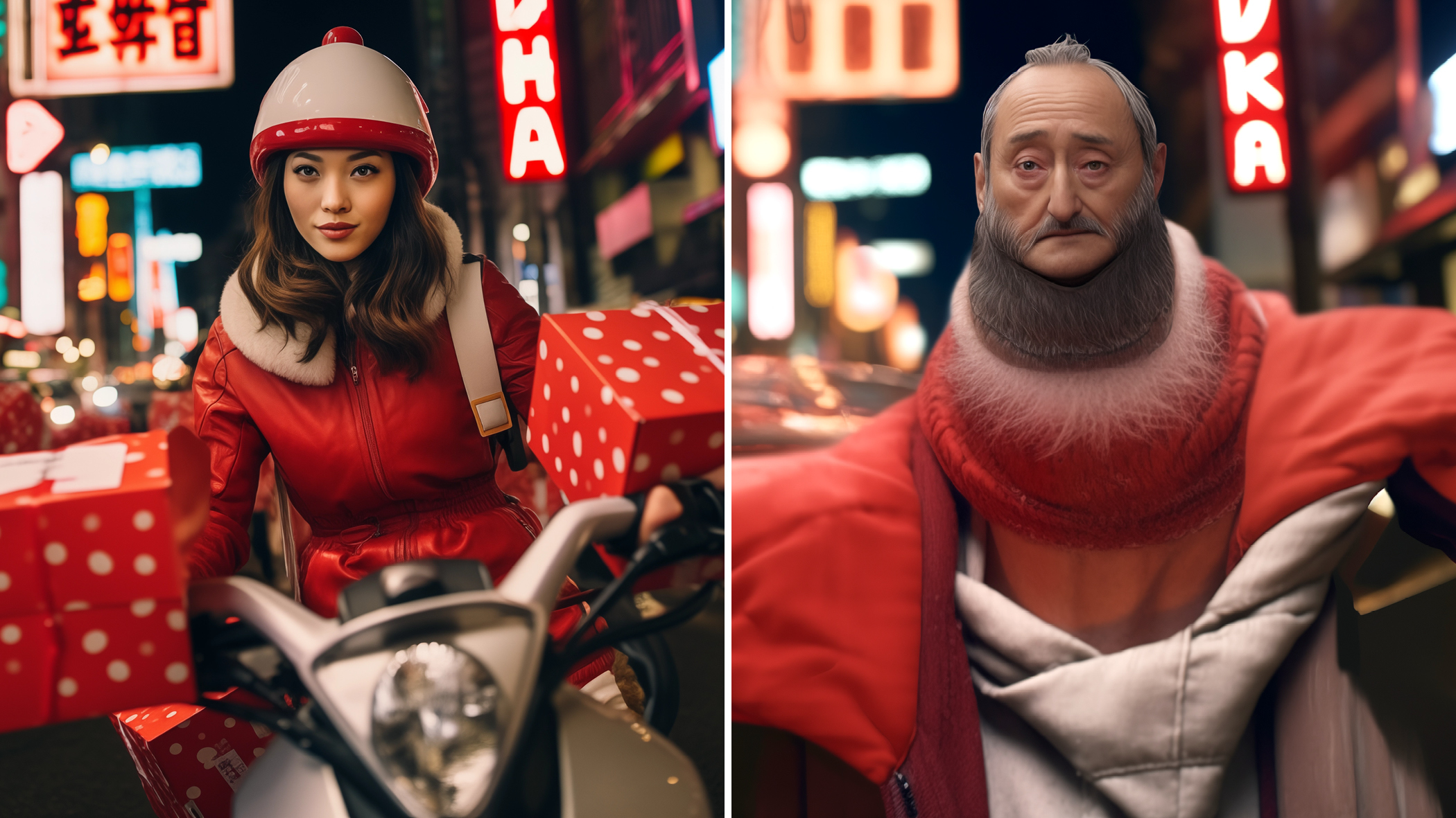 The image begins with an individual in a vibrant urban night setting wearing red festive clothing riding a scooter carrying packages. It morphs into an older, bearded person wearing heavy red robes in a similar pose in the same setting.