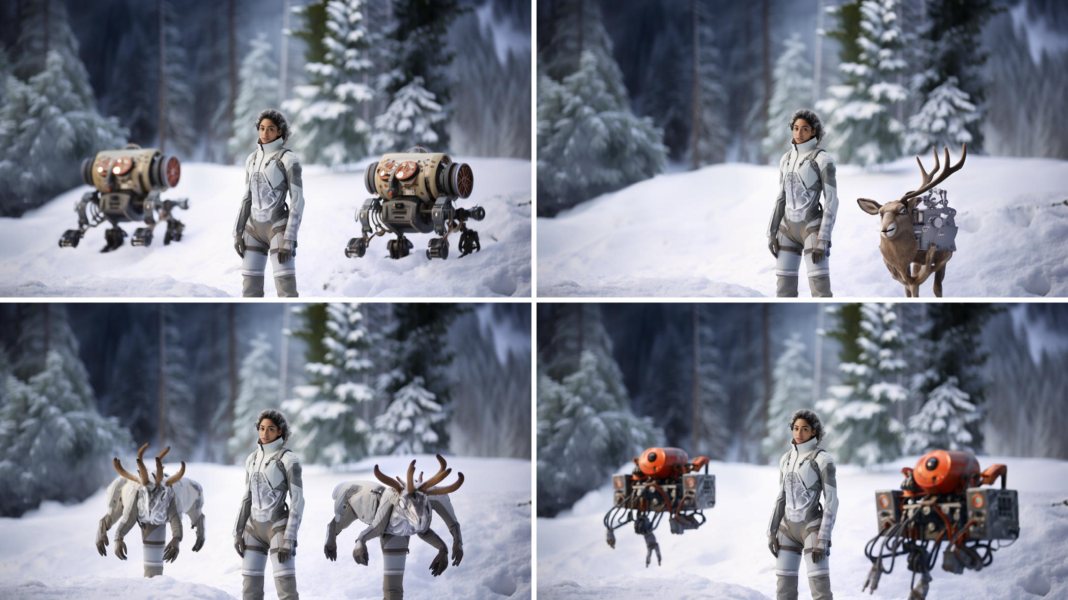 A collage of four images of the same person wearing a spacesuit in a snowy forest with various depictions of a robotic reindeer.