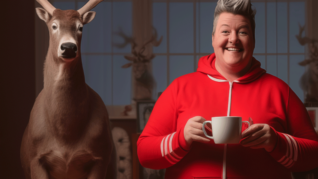 A cheerful person in a red hoodie holds a white mug, standing beside a model of a reindeer. The image morphs as two miniature elves appear in the scene.