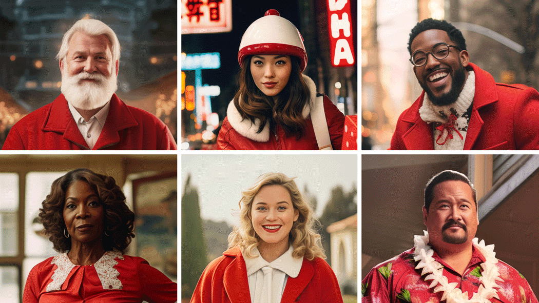 A collage of six different people wearing red uniforms with a white circular logo, smiling and posing individually.