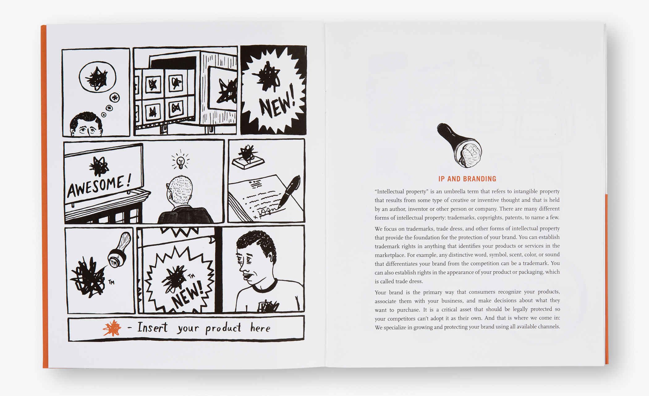 Pages from the Ballard Spahr brochure with comic book-style illustrations and the chapter heading, IP and branding.