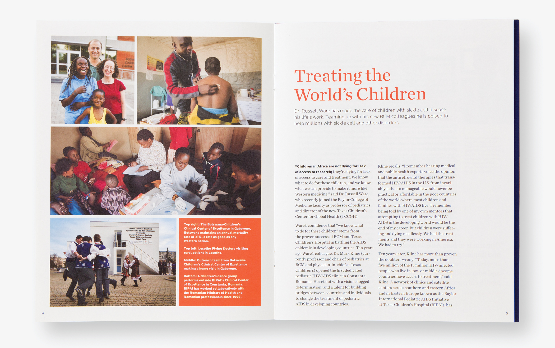 Pages from BCM Quarterly report with the title "Treating the World's Children" and photos of communities around the world.