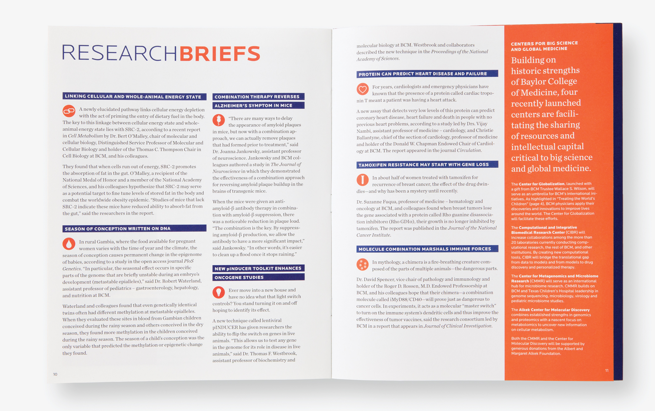 Pages from BCM Quarterly report with the title "Research Briefs," listing several case studies.