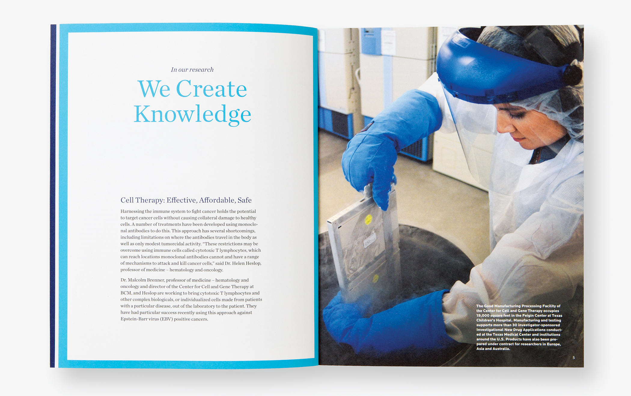 Pages from The BCM Report with the title "We Create Knowledge" and image of woman working in Center for Cell and Gene Therapy.