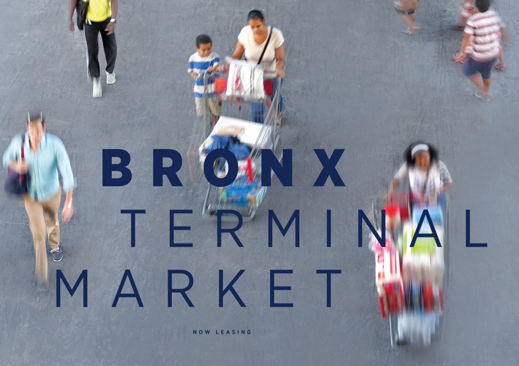 The cover photo on the Bronx Terminal Market leasing brochure, showing figures in motion on a broad sidewalk from above.