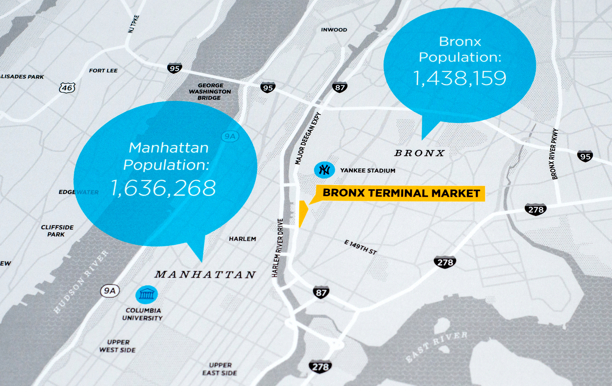 A close up of a map showing the location of the Bronx Terminal Market with population statistics for the Bronx and Manhattan.