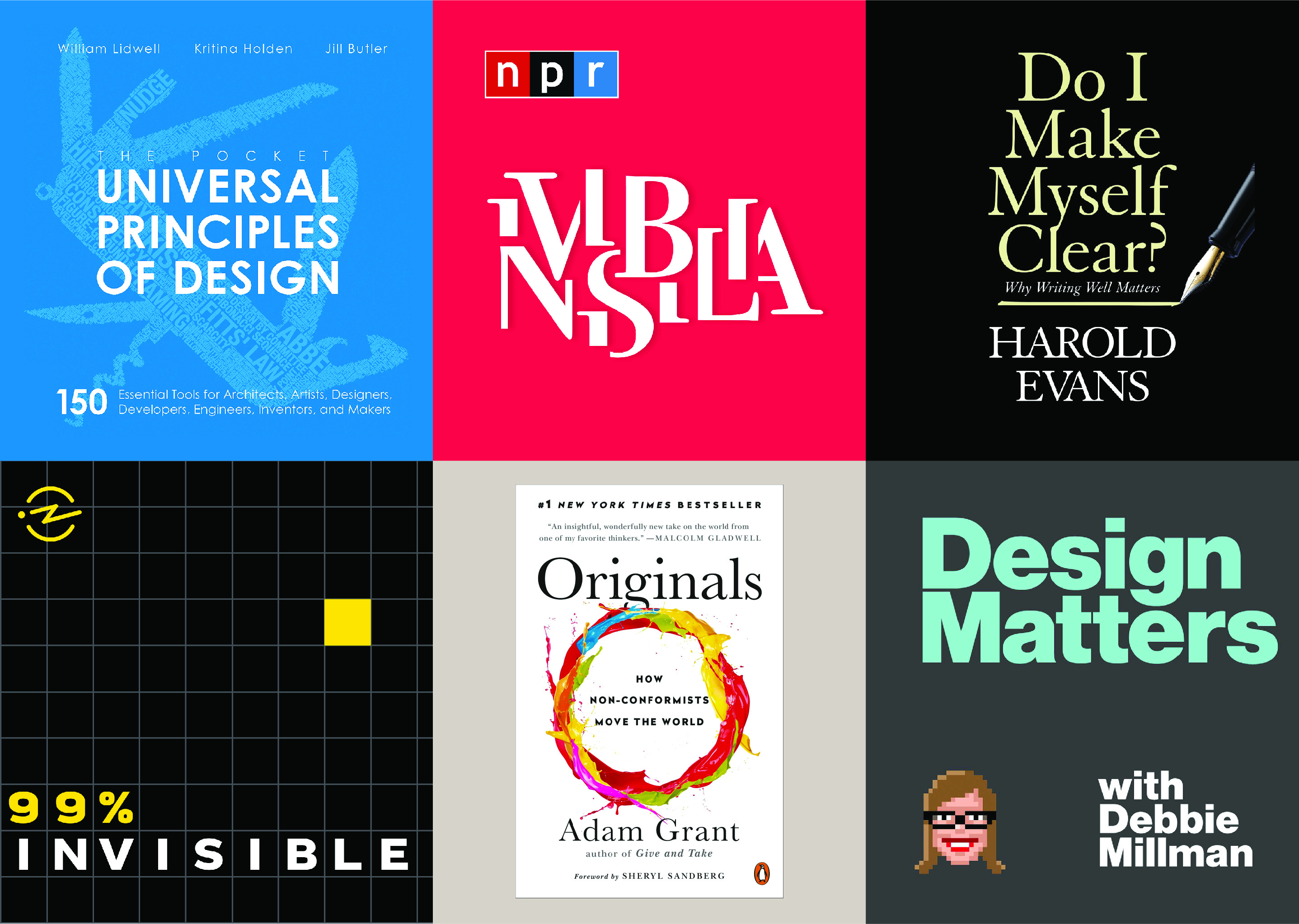 A grid of book covers for the books Universal Principles of Design, Design Matters, Do I Make Myself clear, and others.
