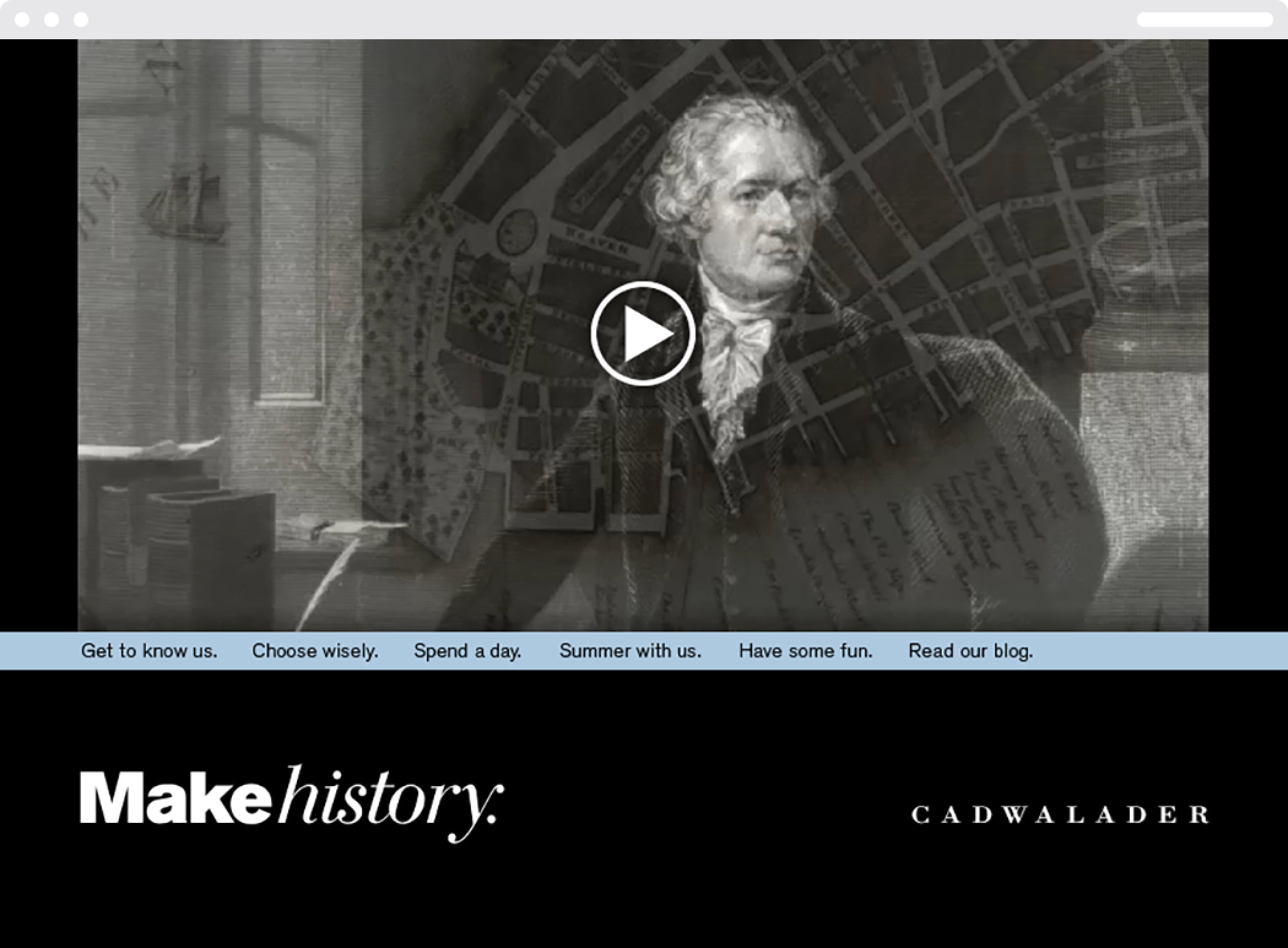 A portrait of Alexander Hamilton superimposed on a map of early New York on the Cadwalader website.