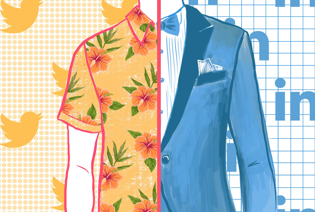 Colorful split screen illustration of man wearing a Hawaiian shirt on the left, and a suit on the right to help visualize concept of cross-promotion.