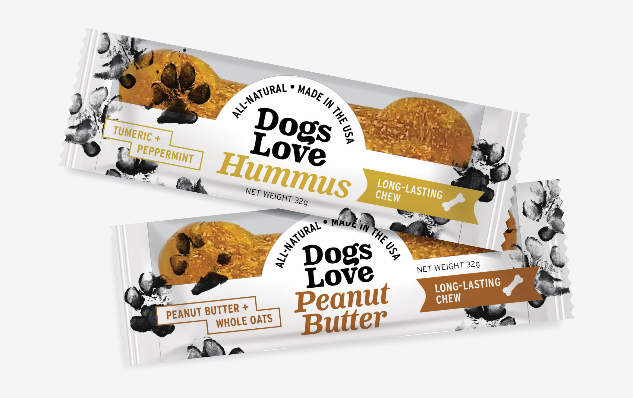 Dogs Love Us long lasting chew treat packages for Hummus and Peanut Butter flavors.