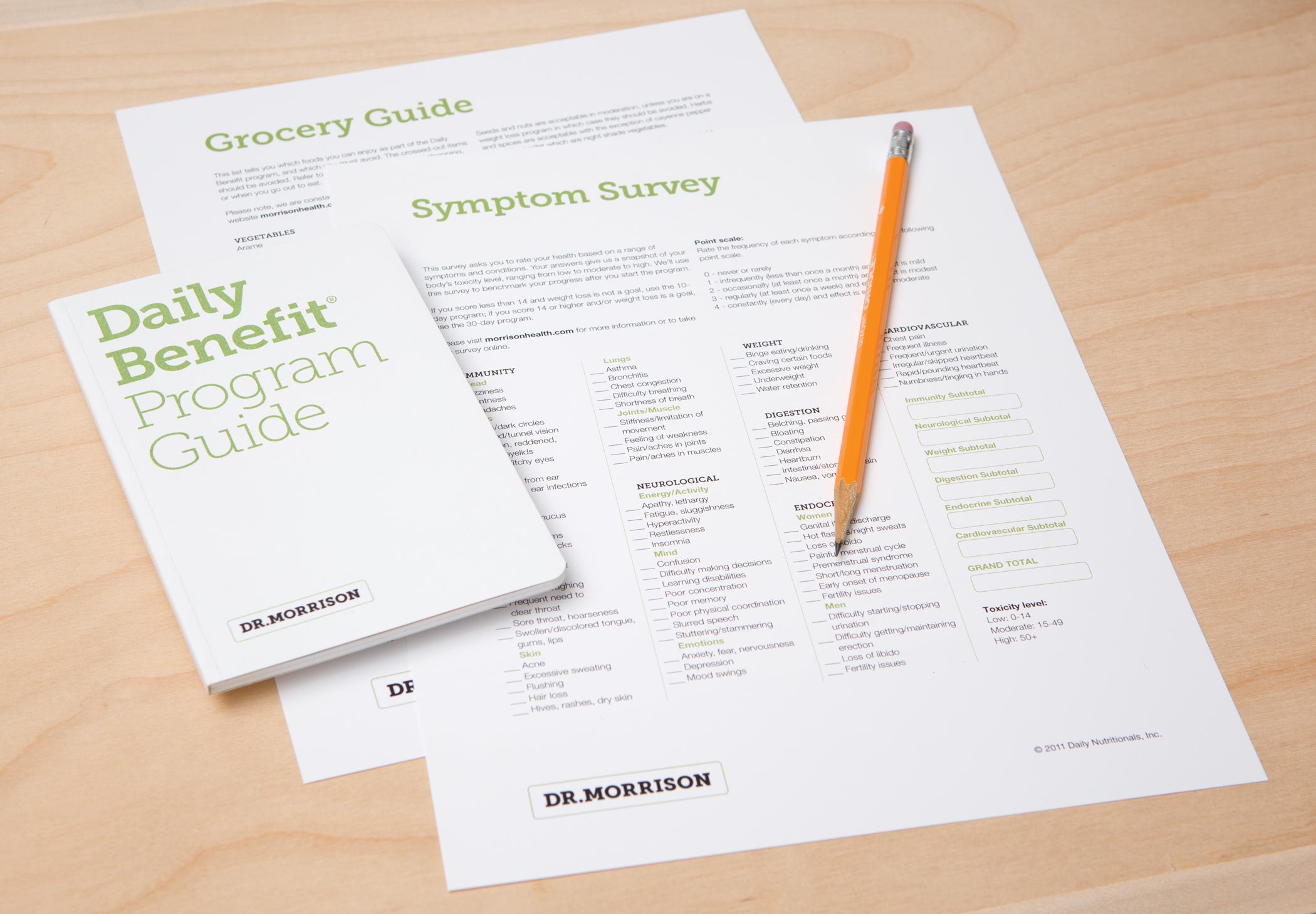 A Dr. Morrison Daily Benefit Program Guide booklet and Grocery Guide and Symptom Survey sheets.