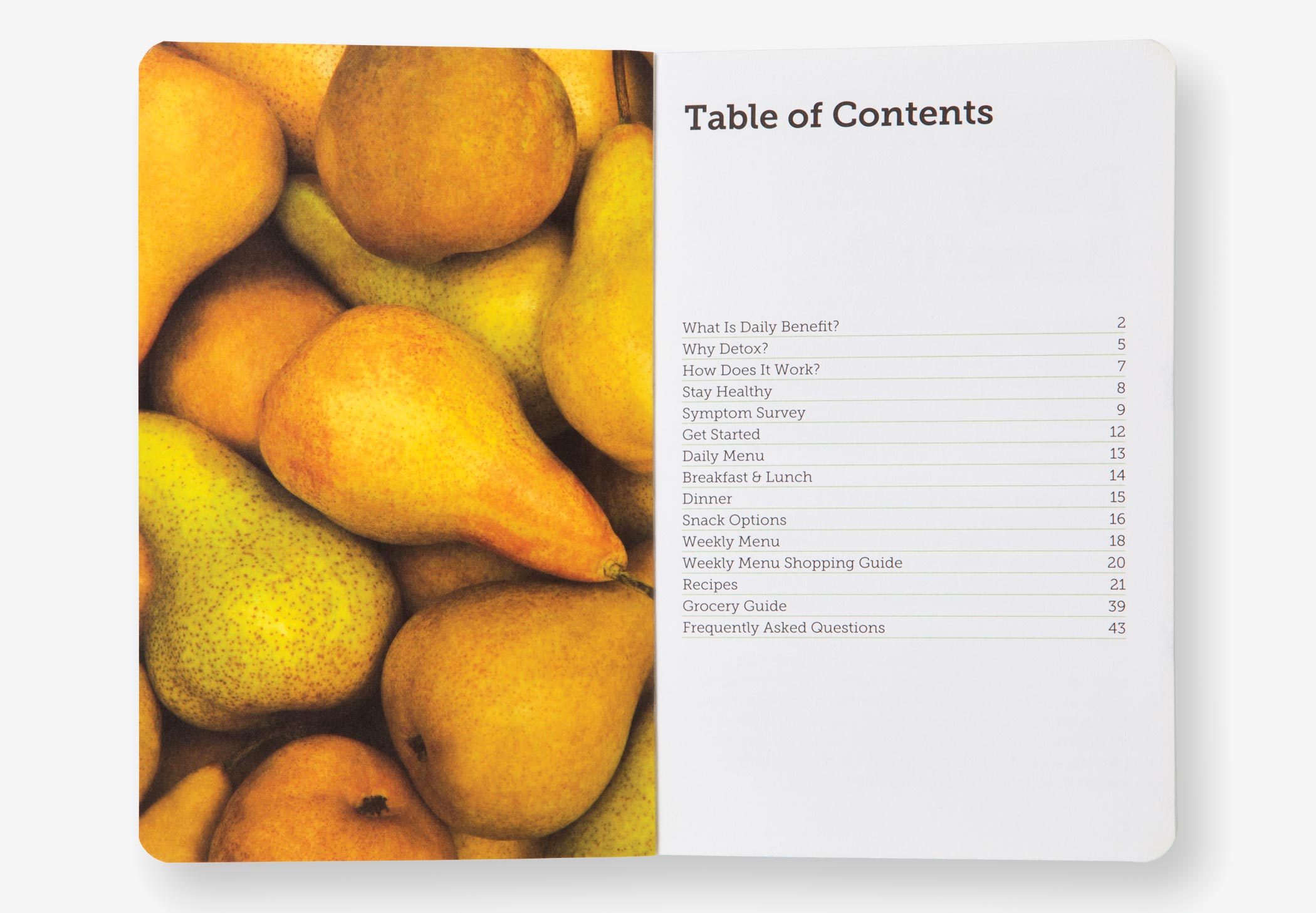The table of contents page for the Dr. Morrison Daily Benefit Program Guide with an image of a jumble of yellow pears.