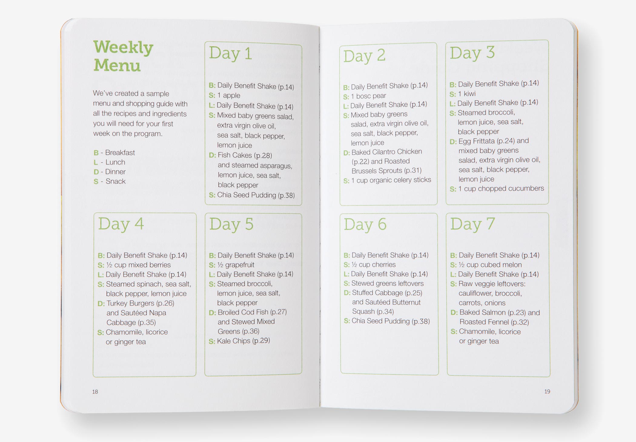 The weekly menu pages from the Dr. Morrison Daily Benefit Program Guide with boxed sections for each day's schedule.